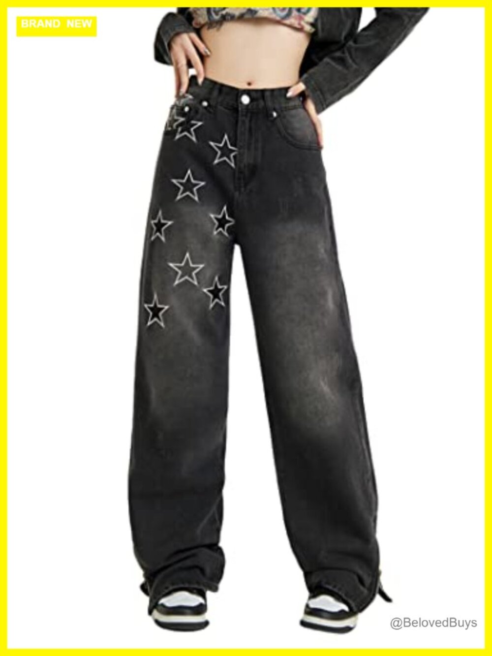 Women's Baggy Jeans Star Embroidered Wide Leg Y2K Denim Pants High Rise